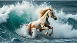 Dramatic composition that juxtaposes the force of nature (the turbulent waves) with the dynamic movement of the horse.