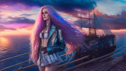 half body shot,realistic portrait of a 20-25 old caucasian model, long blue pink flowing hair, great grey eyes, blue leather jacket,full body, short white skirt,long legs,standing on deck of very big ship, beach of very nice lake with sunset ,clouds,godrayes