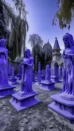 A purple graveyard with dancing ghosts painted by Antoni Gaudi