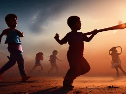 children playing on the Indian street capture them against the sun and make an art silhouette, hyper details, real sharp, 8k, well detailed