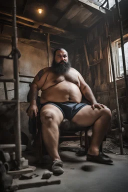 close up shot photography of a 39-year-old turkish chubby heavyset tattoo very hairy sweaty worker sitting spread-legged in an old armchair inside a construction site shed, big shoulders, dressed in bulging shorts, shirtless, stubble, big manly legs, hairy chest, serious eyes, midnight, dim neon lights illuminating and shine on the beards of sweat that fill his large chest, photorealistic , ambient occlusion