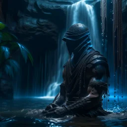 the last ninja in a bathing under waterfall, 8k, down-light, soft light, depth of field, photo realism, trending on art station, high detail