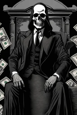 LINE TONE, WSJ STYLE, HEDCUT, ultra high image quality, Grim Reaper, WEARING A 3 PIECE SUIT, POSED FOR DOLLAR BILL PORTRAIT, , Close-up of an set against AMOLED-worthy pure black backdrop, fantasy art style infused with filter, tailored for vertical wallpaper, exclusive design with no duplicates, radiating beauty suitable for a PC screen image, vivid colors, ultra fine, digital painting, BASED ON THE UNITED STATES TREASURY NOTE ONE DOLLAR BILL