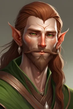 a high-elf man, pointed elf ears, medium rose-coloured hair, stubbly beard, sharp angular features, tired green eyes, realistic epic fantasy style