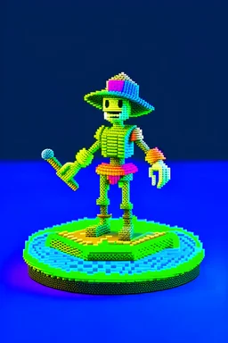 An pixel fantasy 3d model of a mini figure collectiables standing on a round plate: "PixelPirateWraith": Description: Ghostly pirate with pixelated peg leg, spectral parrot, and a treasure chest emitting a faint glow. Pose: Standing with a confident yet ghostly demeanor. Accessories: Peg leg, spectral parrot, treasure chest with faint glowing effect. Pixelated Texture: Visible in clothing, peg leg, parrot, and treasure chest.