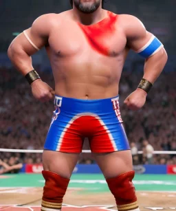 Realistic image of Donald trump wrestler, Mexican wrestling style, eye liner, red and blue breeches, glow us flag dress, suspenders, retro style, 80s, vibrant color, highly detailed, clean background, concept art, unreal engine 5, god rays, ray tracing, RTX, lumen lighting, ultra detail, volumetric lighting, 3d, finely drawn, high definition, high resolution.