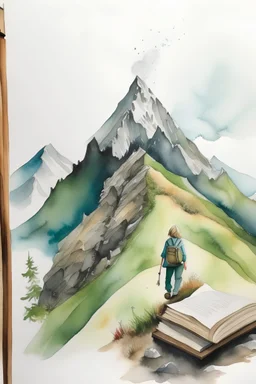 watercolor of a book turning into a mountain with a hiker