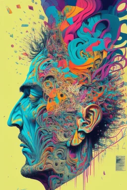 "Chaos Is Our Mental State"; Side Profile Of A Human Head Full Of A Chaotic Whirlwind Of Faces, Symbols, Words, And Products; Pop Art; Surrealism; Salvador Dali, Alex Pardee, Insanely Detailed; Intricate; Award-Winning; Bright Pastels