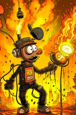 Firestarter animateur radio hardrock with a microphone. Seems angry against robots. Flames all around