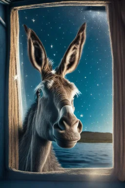 smiley donkey portrait with background star field seen in the window of a boat, 4 k, trending art, depth of field, high detail, high contrast