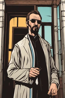 strange priest wearing sunglasses who looks like Hans Gruber with a judgmental look on his face comic book style