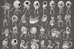 make a bunch of simple hand-drawn spooky and cute cartoon characters with bodies arms, and legs I could draw and make them all different