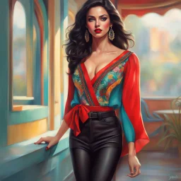 A full body Portrait of a beautiful young woman, slanted, dark eyes with large eyelashes, voluminous wavy black hair, red lipstick, thin strap blouse, colorful, perfect face, shine, realistic, best image quality, oil paint, Light clothes, vivid colors, Thin strap blouse, Art By Jon Bauer,, By cgsociety,standing