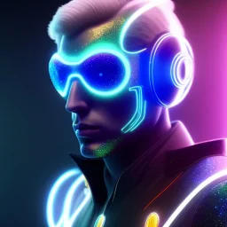 Handsome cosmic man, realistic, blond hair, blue eyes, tron glitter suit, blue lights, full of détails, 4k, cinematic, lights, stars in background, unreal engine 5