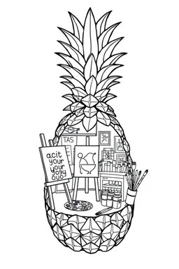 Pineapple Cozy Art Studio Coloring Page: A pineapple cross-section displaying an art studio. Features an easel, paint palettes, brushes, and artworks hung on the walls.