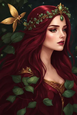 Burgundy hair, dark hair,dark red , rapunzel hair,very long hair,dark fairy princess,elven crown,night,dragonflies,beautiful,ong ashes,golden armor ,sparkle,night blooming,ivy,dark green,lilly of valley,golden elven crown