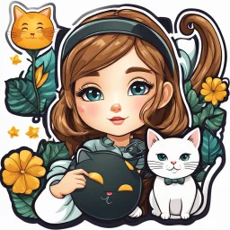 very beautiful sticker like realistic cartoon girl with cat