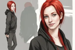 Woman with bright red hair, brown eyes, wearing a black hoodie, realistic, slight smile