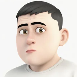 a caricature portrait of a young western man standing in front of a white wall. He is wearing a white sweatshirt. black hair. short buzz cut hair style. light skin. dark eye pupils. small eyes. black thick eyebrow. small short round face shape. a bit small goatee, without moustache. big nose. thick mouth. pixar style. 3D. 4k. portrait. highly detailed. sharp focus. high resolution. full color. cinema lighting