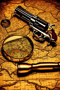 Colt 45 revolver laying on an old map next to a magnifying glass, hyper realistic