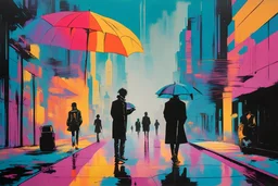 painting of a futuristic cyberpunk colourful walkway with two people making an exchange in the city with pollution by andy warhol. umbrella. open space
