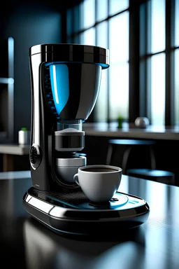 An ultra-advanced and futuristic home coffee maker with a touch screen and a curved shape inspired by bionic coffee beans and with a fun and different color palette made of metal glass and The ability to grind coffee while brewing it