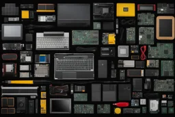 knolling geek computer stuff on black background , seamsless tile