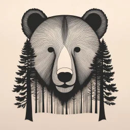 M shaped bear head combined with woods silhouette in background, letterpress style, minimalistic pencil art