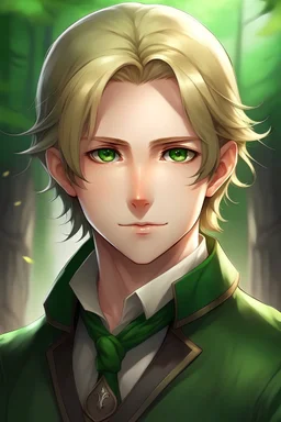 Anime portrait of a handsome male elf with medium length blond hair, piercing green eyes, and the uniform of a scholar.