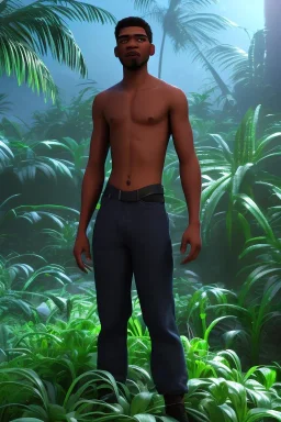 3D render of a cyberpunk tribal young black man, black hair and goatee, on a dark blue jungle background, digital art