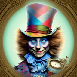 "Mad Hatter" book young man character of "Alice in the wonderland".Detailed face, detailed eyes, blue eyes, Realistic lighting,, elegant dress,sarcastic smile,big red and green top hat,.behance contest winner, generative art, baroque, intricate patterns, fractalism, movie still, cartoon.style by Disney,Chie Yoshii,earnst haeckel,james jean.