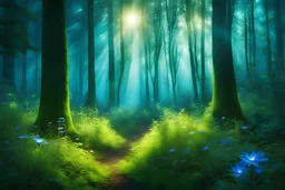 a magical forest without animals, without characters. in the forest there are tall trees, grass and flowers, lights and rays of light. The image radiates warmth and comfort, the palette is green and blue.