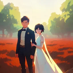 Highly detailed portrait of stunningly beautiful couple, Atey Ghailan, by Loish, by Bryan Lee O'Malley, by Cliff Chiang, by Greg Rutkowski, inspired by image comics, inspired by graphic novel cover art, inspired by nier!! wooden farm color scheme ((farm background)), trending on artstation