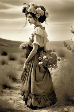 young woman, blouse and skirt, thin black bow under the neck of the blouse, huge bouquet of flowers on her head, full body, in a 16K wasteland, toned in sepia, estilo Bansky, profile view