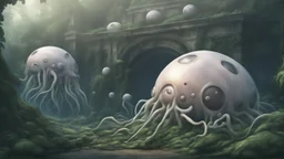 floating alien balls with jellyfish tentacles, rampant foliage, and vines, next to a derelict alien building, photorealistic, surreal Detail