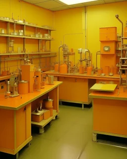 A yellowish orange colored laboratory with machines painted by Henri-Robert Bresil