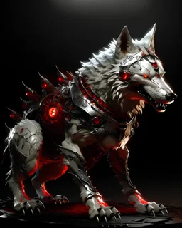 massive silver and red white wolf, glowing red eyes, covered in spiked metal armor, with a throne on the back