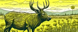 an Elk off-center in a prairie field, detailed canola in foreground, detailed illustration