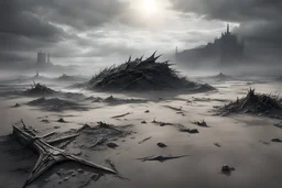 a nuclear wasteland located on a flat plain, covered in gray ash. Fantasy setting. Scattered across the battlefield are remnants of swords, maces, spears, and plate mail. Everyone is dead. a skeleton of a dead dragon lies on its side, half buried in the ash. Ash float in the partially obscuring and dimming the sun, creating a somber and eerie atmosphere.