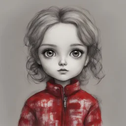 Sketch of the face of a blythe doll , wearing a real red woollen jacket