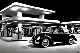 Digital Photo, 1950s, perfect perspective, night scene, a black Volkswagen beetle in front of a gas station pump, hyper realistic, hyper detailed, intricated, Frank Lloyd Wright