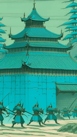 A greenish blue defensive chateau with shields painted by Utagawa Hiroshige