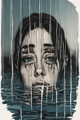 Artwork of t-shirt, Wide angle, half of face on water surface of a woman eyes are full of tears in swimming pool. Broken heart, sadness, down deep