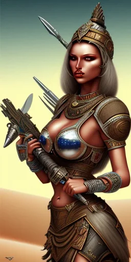 lady warrior with big bobs no top in desert