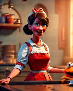 waitress woman with Sesame Street muppet mask-head, concept art, retro style, smooth, unreal engine 5, god lights, ray tracing, RTX, lumen lighting, ultra detail, volumetric lighting, 3d.