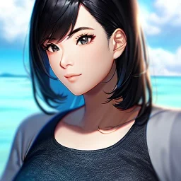 black haired woman, casual clotting, realistic, HD4k, watery cloud background, close up shot,