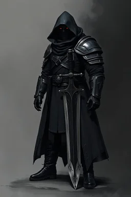 A faceless armored bulky commander with a black hood and a long coat with long combat boots and a big sword with grey to black background facing forward and a little to the left