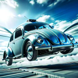 jet-fighter vw-beetle hybrid, retrofuturistic, phototrealism, in flight, one subject,