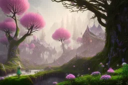 Immersive​ fantasy elven town in the deep green forest with beautiful flower pink tree