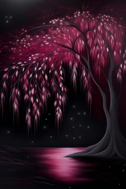 Acrylic painting of a soft pink weeping willow with glowing leaves against a dark, cosmic background with a myriad of stars